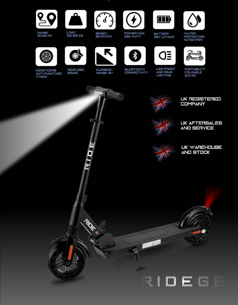 Electric Scooter Adults Fast 25km/h, RIDE GB Portable E Scooter with APP Control, 25km Long Range, 350W Motor, 8.0 Maintenance Free Tyres, Electric Scooters for Adults  Teens, height adjustable