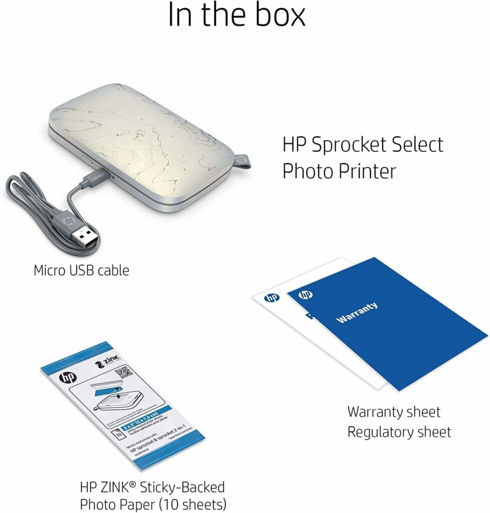 HP 5XH49A Sprocket Select Portable Instant Photo Printer for Android and iOS devices (Eclipse) Prints on 2.3x3.4” Sticky-Backed Zink Photo, White