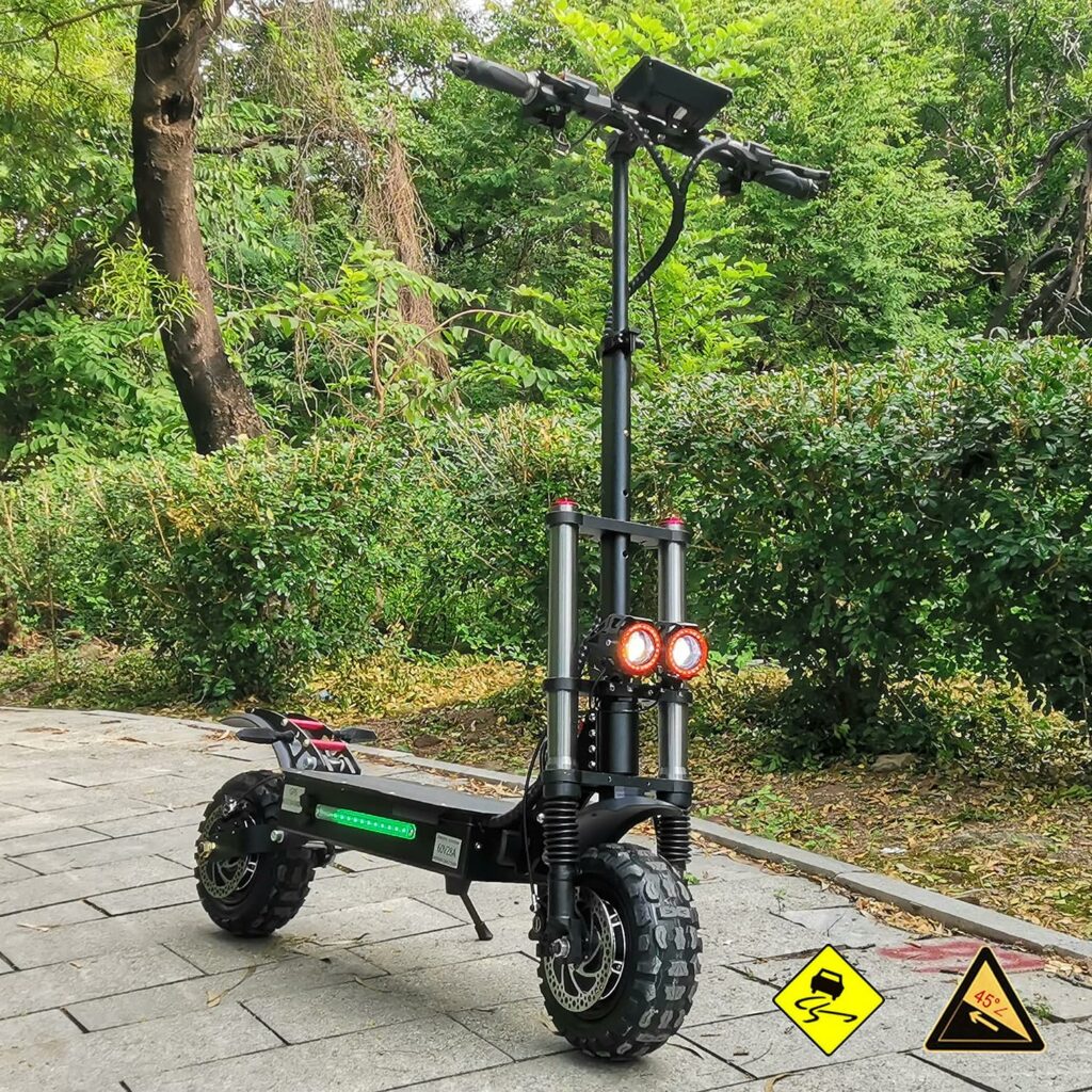 HWWH Offroad Electric Scooter Adult Fast Folding E Scooters High Power Dual Motor Twist Grip Throttle 11 All Terrain Tubeless Vacuum Tire Dual Suspension Disc Brake 60V 38Ah Lithium Battery