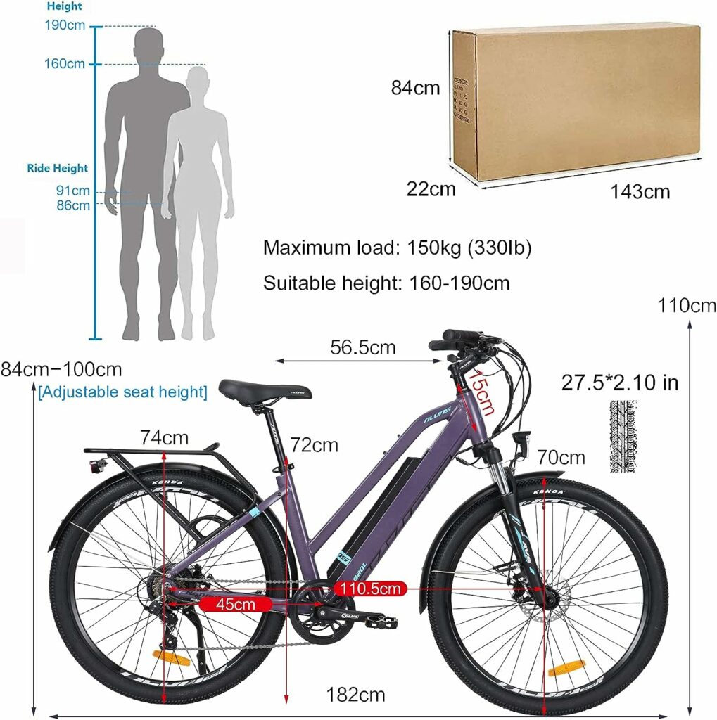 Hyuhome Electric Bikes for Adult Mens Women,27.5 E-MTB Bicycles Full Terrain 36V 12.5Ah Mountain Ebikes,BAFANG Motor Shimano 7-Speed Double Disc Brakes for Outdoor Commuter (Purple, 820L)