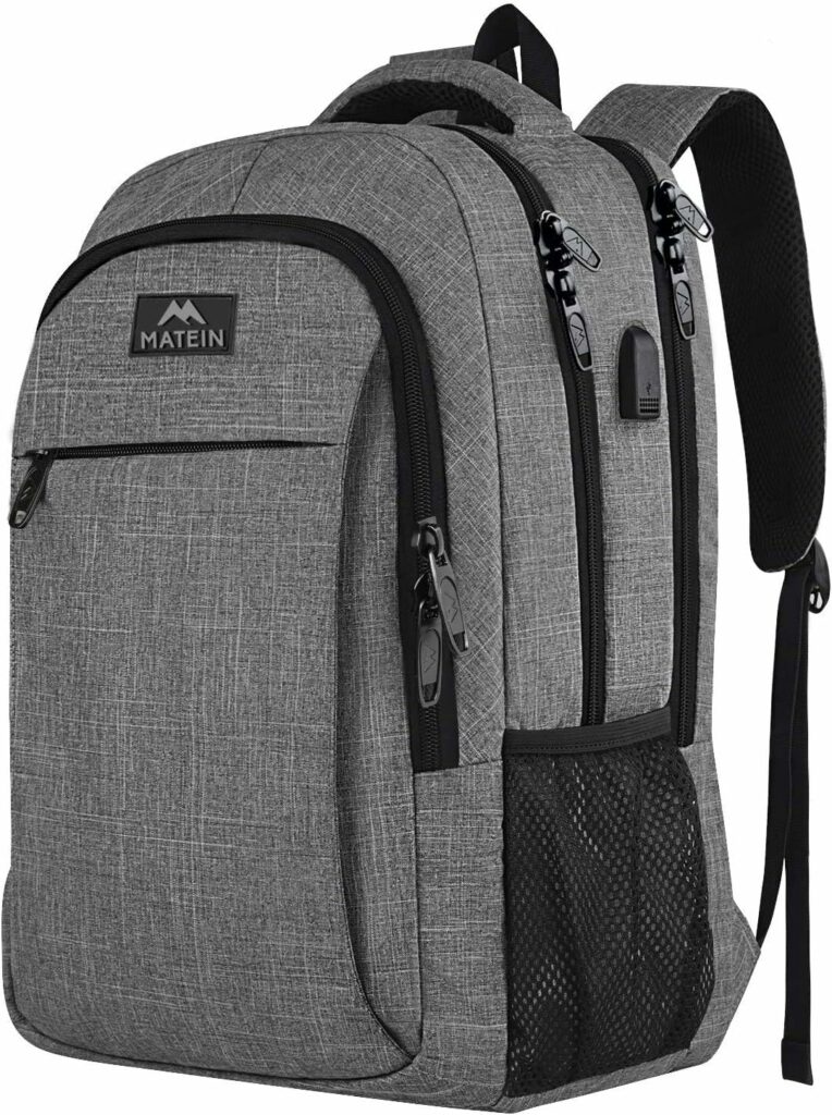 MATEIN Travel Laptop Backpack, Work Bag Lightweight Laptop Bag with USB Charging Port, Anti Theft Business Backpack, Water Resistant School Rucksack Gift for Men and Women, Fits 15.6 Inch Laptop-Grey