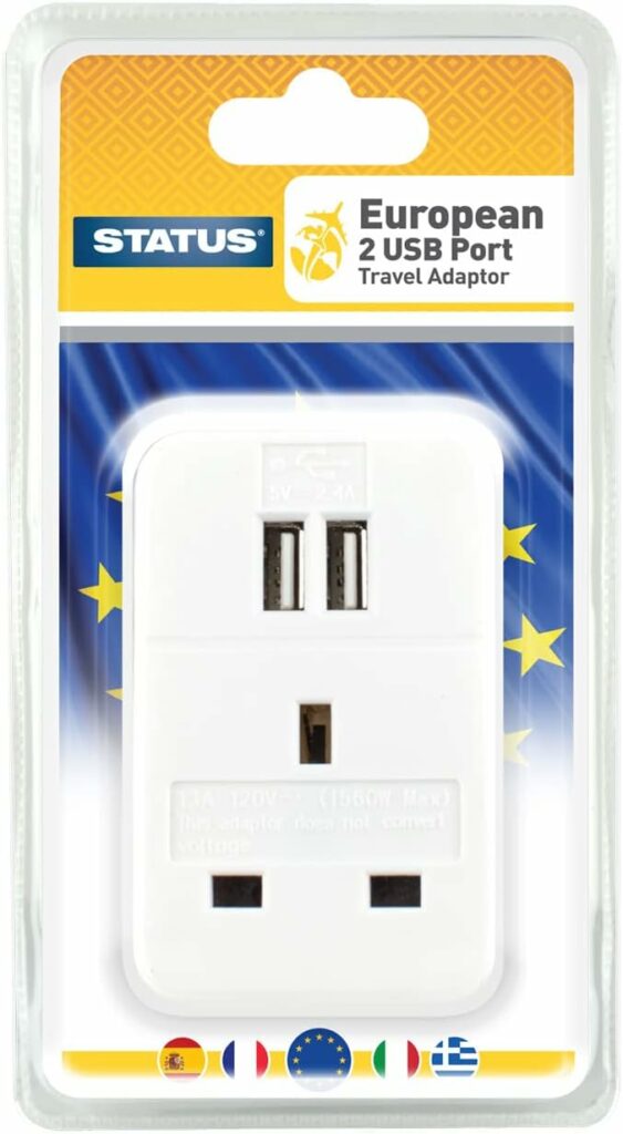 STATUS UK to EU Plug |3 Pin to 2 Pin European 2 Port USB Travel Adaptor | White| A2USBTEURO ST-85