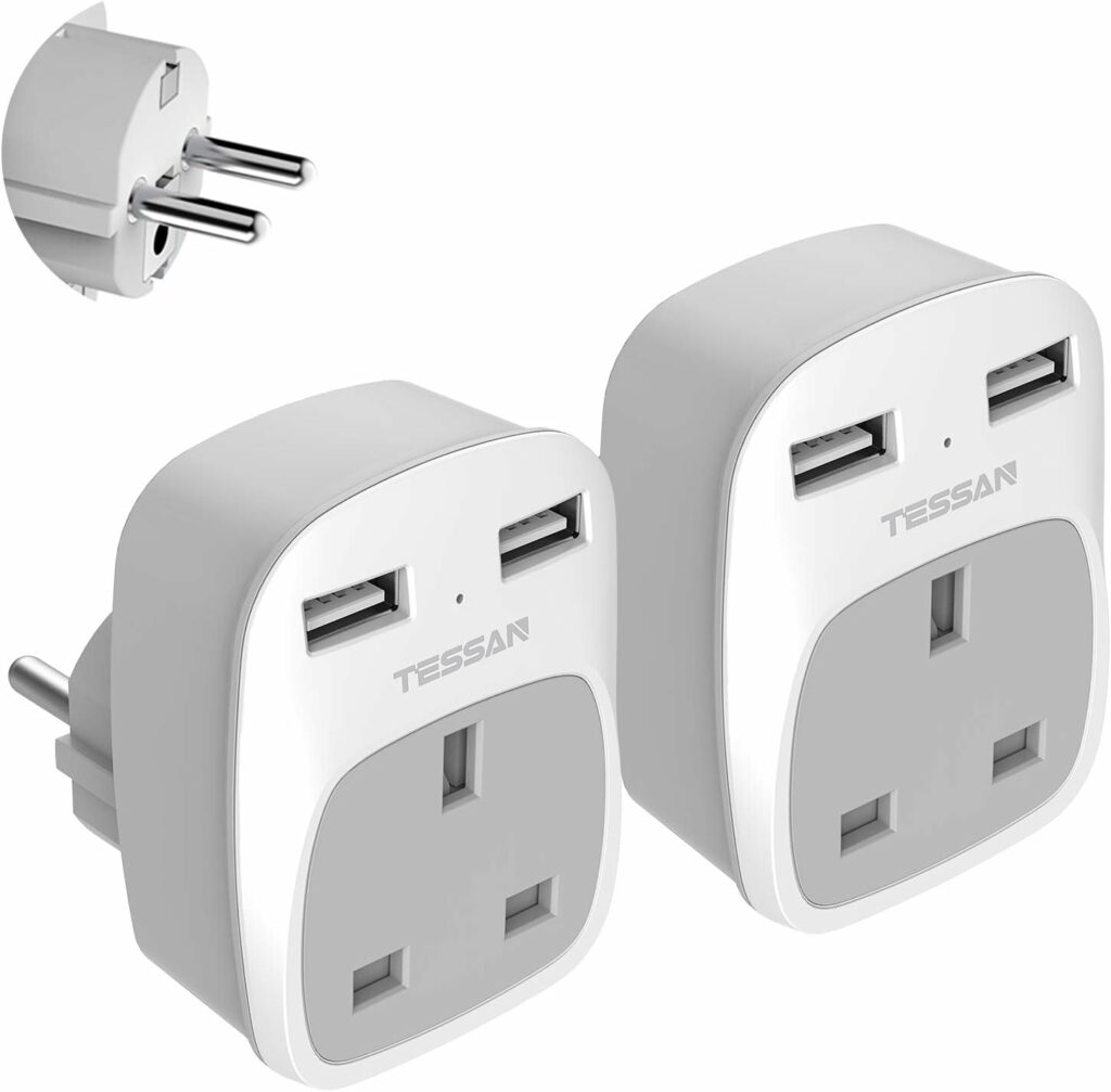 UK to European Travel Adapter 2 Pack, Schuko Grounded Euro EU Plug Adapter with 2 USB Ports for Most of Europe Spain Germany France Iceland Poland Russia and More (Type E/F)