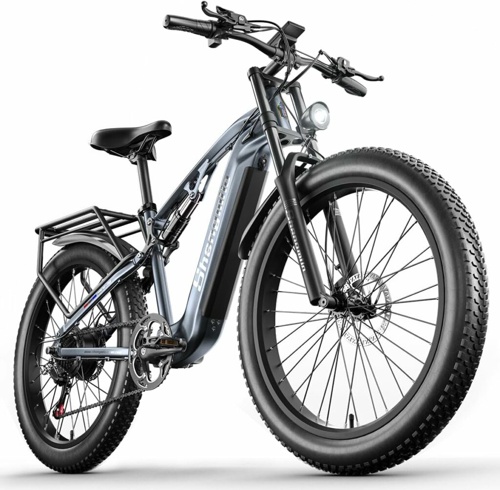 VLFINA Full suspension Electric Bike for adult, 26inch Fat Tire 7speed Electric Mountain Bike, 48V15Ah removable Lithium Battery,Dual hydraulic disc brakes ebike